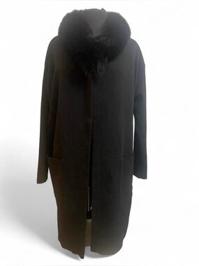 Léa Clément Classic Black Long Wool Coat Fur Collar - Women’s Trench